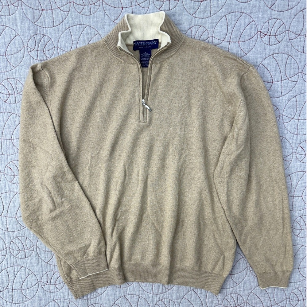Hathaway Platinum 1/4 Zip Tan Luxury Silk Cashmere Sweater / Mens Medium‎